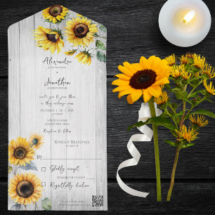 Rustic Sunflowers on Weathered White Wood QR Code All In One Invitation