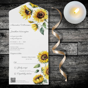 Rustic Sunflowers on White with QR Code  All In One Invitation