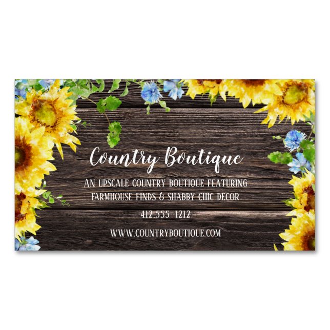 Rustic Sunflowers on Wood Business Card Magnet (Front)