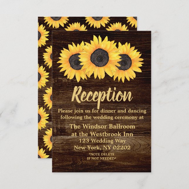 Rustic Sunflowers on Wood Wedding Reception Card (Front/Back)