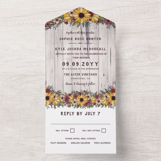 Rustic Sunflowers Pale Wood Grain Wedding All In One Invitation (Inside)