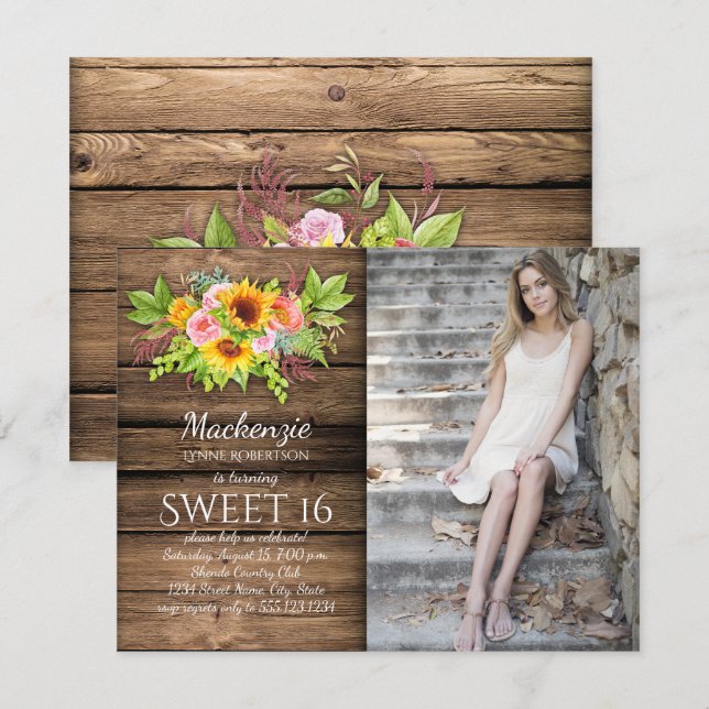 Rustic Sunflowers Peonies Barnwood Photo Sweet 16 Invitation (Front/Back)