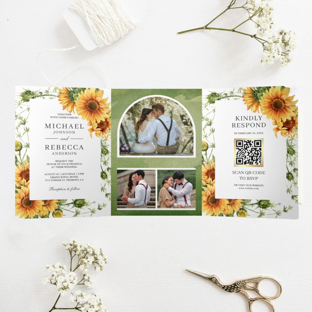 Rustic Sunflowers Photo Arch QR Code Wedding Tri-Fold Invitation (Creator Uploaded)