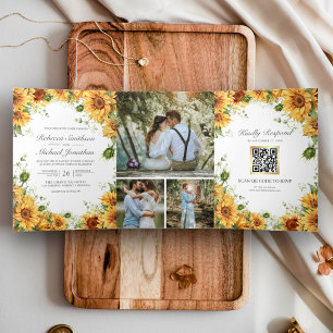 Rustic Sunflowers Photo Collage QR Code Wedding Tri-Fold Invitation