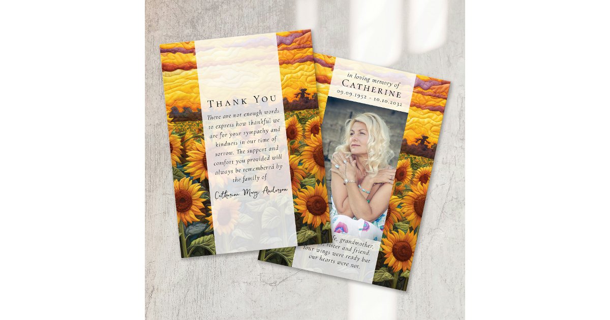 Rustic Sunflowers Photo Sympathy Funeral Memorial Thank You Card | Zazzle