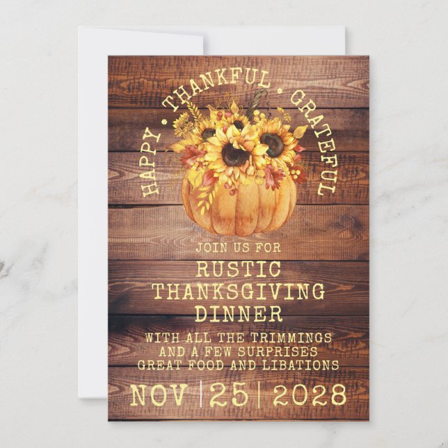 Rustic Sunflowers Pumpkin Wood Thanksgiving Dinner Invitation (Front)