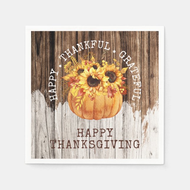 Rustic Sunflowers Pumpkin Wood Thanksgiving Napkin (Front)