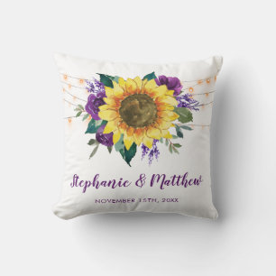 Rustic Sunflowers Purple Floral Lights Wedding Cushion