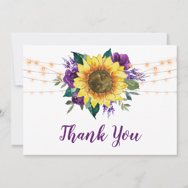 Rustic Sunflowers Purple Floral Lights Wedding Thank You Card (Front)