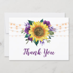 Rustic Sunflowers Purple Floral Lights Wedding Thank You Card