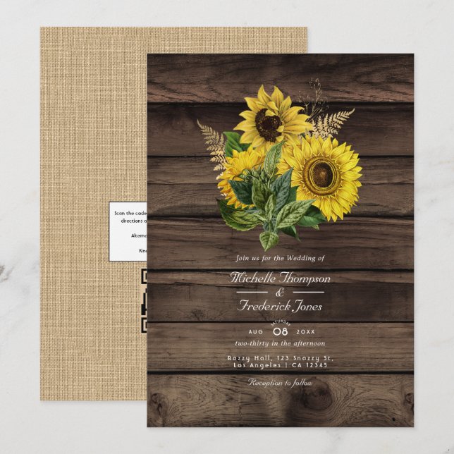 Rustic Sunflowers QR Code RSVP Country Wedding Invitation (Front/Back)