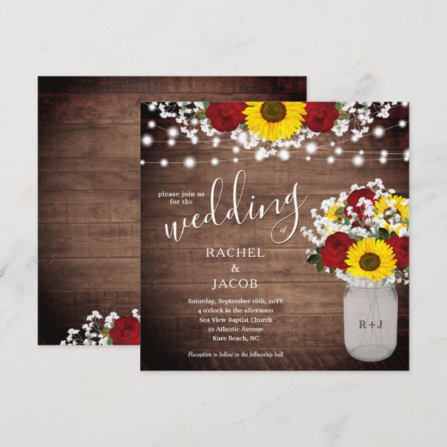 Rustic Sunflowers & Red Roses in Jar Vase Wedding (Front/Back)