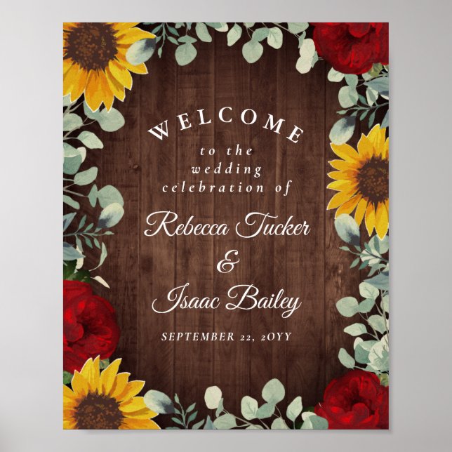 Rustic Sunflowers Red Roses Wedding Welcome Poster (Front)