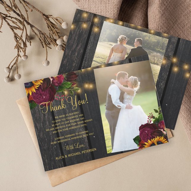 Rustic sunflowers roses 2 photos wood wedding card (Creator Uploaded)