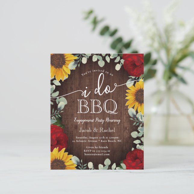 Rustic Sunflowers Roses I Do BBQ Engagement Invite (Standing Front)