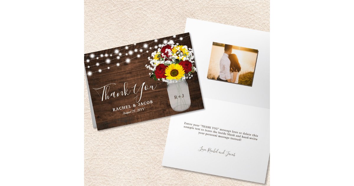 Rustic Sunflowers Roses Jar Lights Photo Wedding Thank You Card | Zazzle