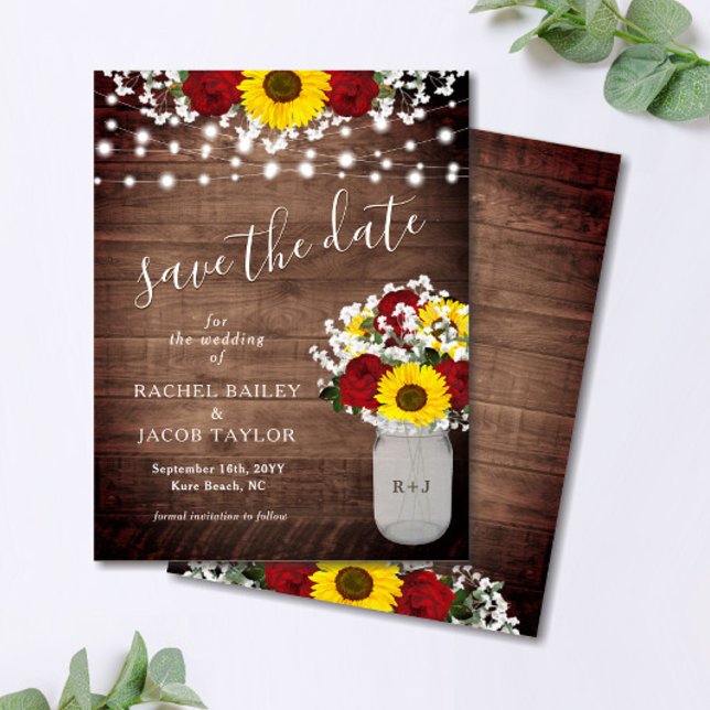 Rustic Sunflowers Roses Jar Lights Save the Date Postcard (Creator Uploaded)