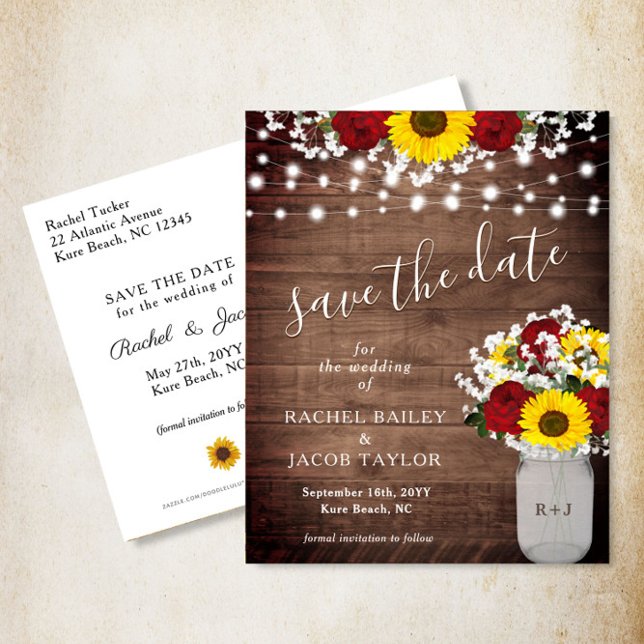 Rustic Sunflowers Roses Jar Lights Save the Date Postcard (Creator Uploaded)