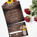 Rustic Sunflowers Roses Jar Lights Wedding All In One Invitation<br><div class="desc">This all-in-one wedding design features dainty watercolor baby's breath flowers in a mason jar vase on a rustic wood background with string lights. Click the customise button for more flexibility in modifying the text. Variations of this design, different paper types, as well as coordinating products are available in our shop,...</div>