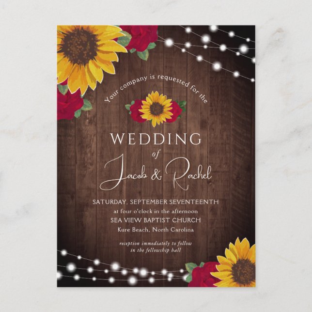 Rustic Sunflowers Roses Lights Wedding Invitation Postcard (Front)