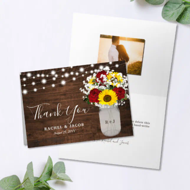Rustic Sunflowers Roses Mason Jar Photo Wedding Thank You Card | Zazzle