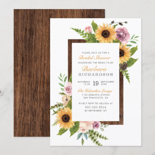 Rustic Sunflowers, Roses & Wood   Bridal Shower Invitation