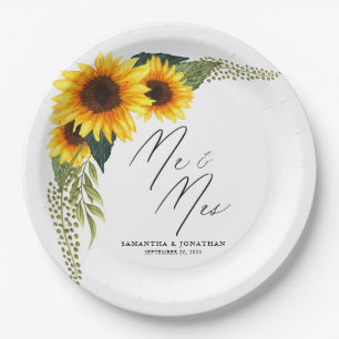 Rustic Sunflowers Script Mr. and Mrs. Wedding Paper Plate