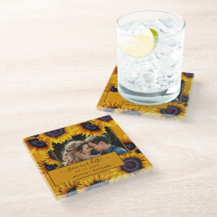 Rustic sunflowers script photo wedding save date glass coaster