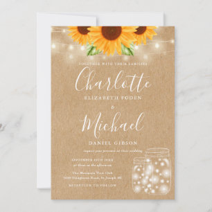 Rustic Sunflowers String Light Mason Jar Wedding Invitation