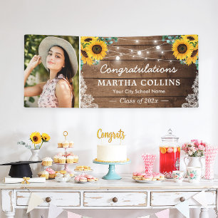 Rustic Sunflowers String Lights Graduation Party Banner