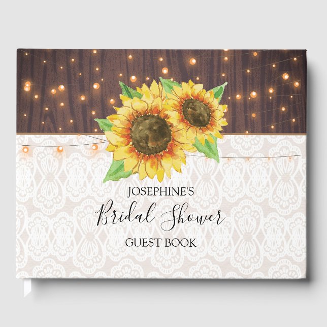 Rustic Sunflowers String Lights Lace Bridal Shower Guest Book (Front)