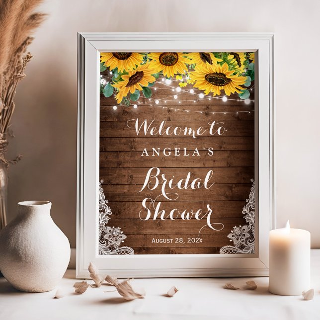 Rustic Sunflowers String Lights Lace Bridal Shower Poster (Creator Uploaded)