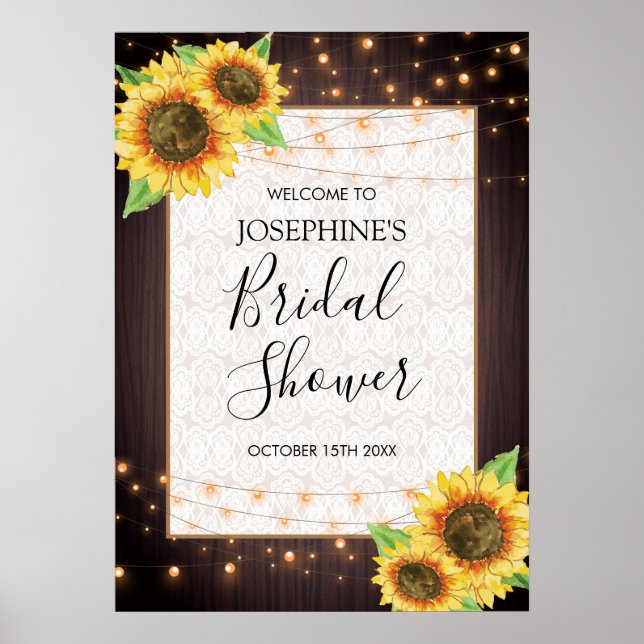 Rustic Sunflowers String Lights Lace Bridal Shower Poster (Front)