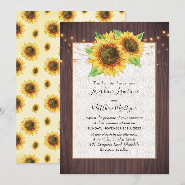 Rustic Sunflowers String Lights Lace Wedding Invitation (Front/Back)