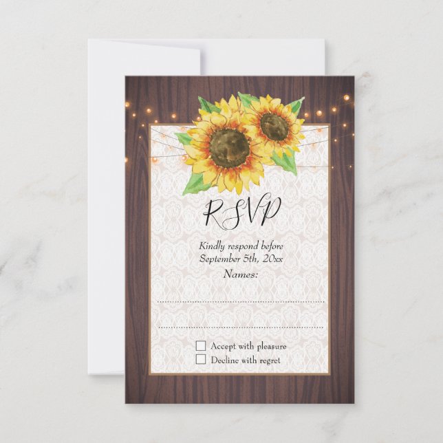 Rustic Sunflowers String Lights Lace Wedding RSVP Card (Front)