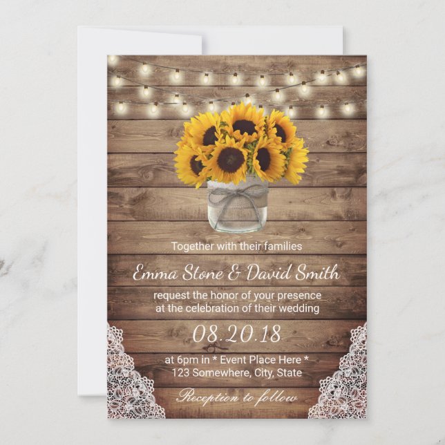 Rustic Sunflowers String Lights Laced Barn Wedding Invitation (Front)