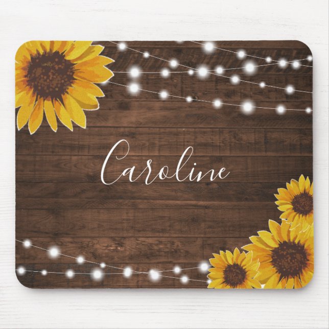 Rustic Sunflowers & String Lights on Wood Mouse Mat (Front)