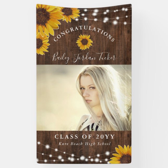 Rustic Sunflowers String Lights Photo Graduation Banner (Vertical)