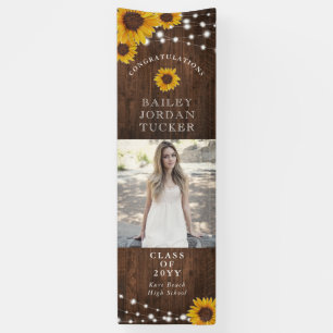 Rustic Sunflowers String Lights Photo Graduation Banner