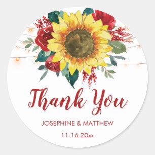 Rustic Sunflowers String Lights Red Floral Thanks Classic Round Sticker