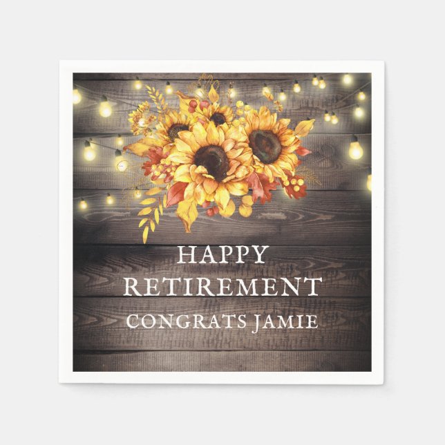 Rustic Sunflowers String Lights Retirement Party N Napkin (Front)