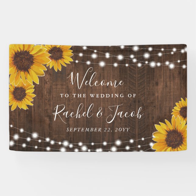 Rustic Sunflowers String Lights Wedding Banner (Horizontal)