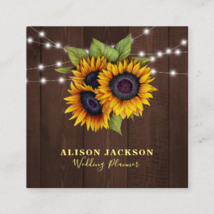 Rustic sunflowers string lights wedding planner square business card