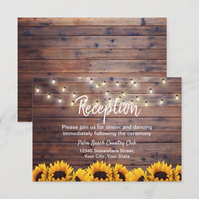Rustic Sunflowers String Lights Wedding Reception Invitation (Front/Back)