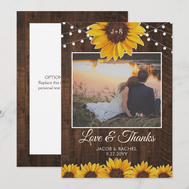 Rustic Sunflowers & String Lights Wedding Thank You Card (Front/Back)