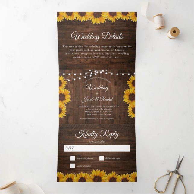 Rustic Sunflowers String Lights Wedding Tri-Fold Invitation (Inside)