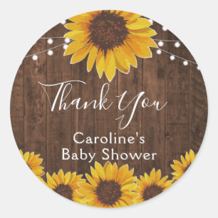 Rustic Sunflowers String Lights Wood Baby Shower Classic Round Sticker