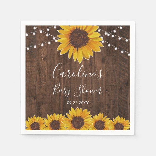Rustic Sunflowers String Lights Wood Baby Shower Napkin (Front)