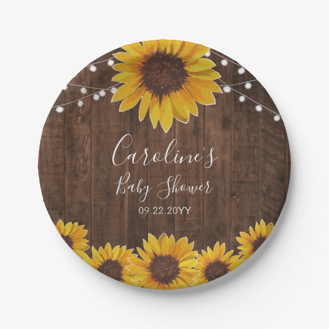 Rustic Sunflowers String Lights Wood Baby Shower Paper Plate (Front)