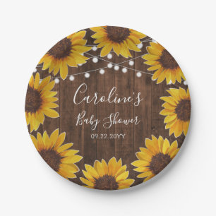 Rustic Sunflowers String Lights Wood Baby Shower Paper Plate